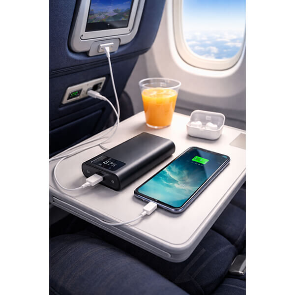Powerbank sicher verstaut unter dem Flugzeugsitz während eines Linienflugs