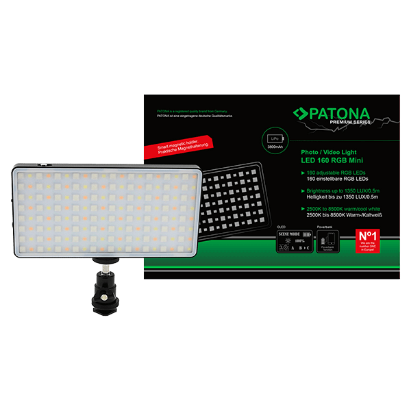 LED160 Foto und Videolicht mit Akku und RGB von Patona mit Verpackung