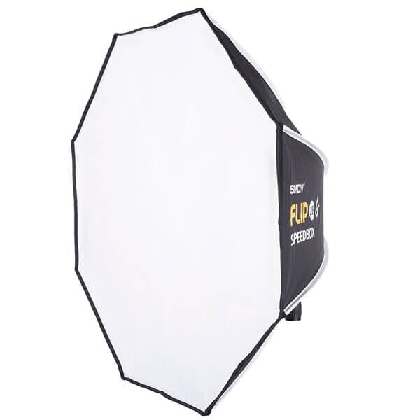 SMDV Softbox Flip 28 G von der Seite, aufgebaut mit Diffusor
