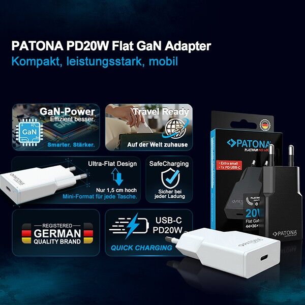 Overall view of the flat USB-C charger from Patona in black and white