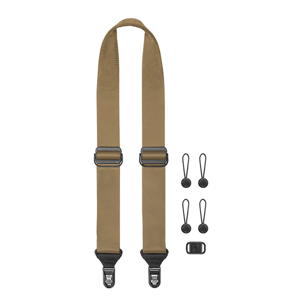 Front view of the Peak Design Slide camera strap in Coyote