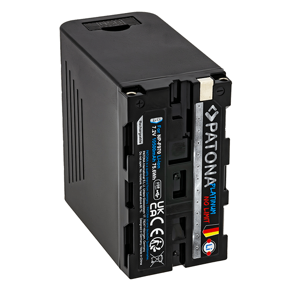 Akku Sony NP-F970 mit USB-C Input von Patona seitlich