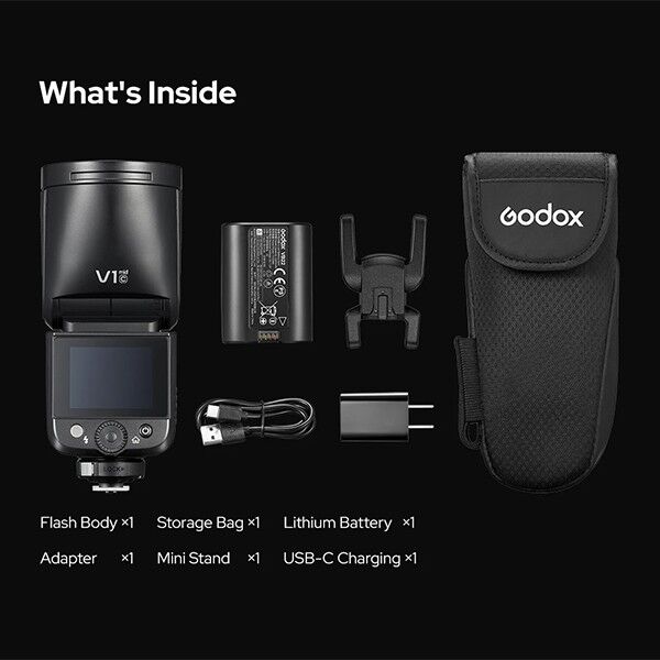 Scope of delivery of the Godox V1Mid TTL flash for Fujifilm cameras