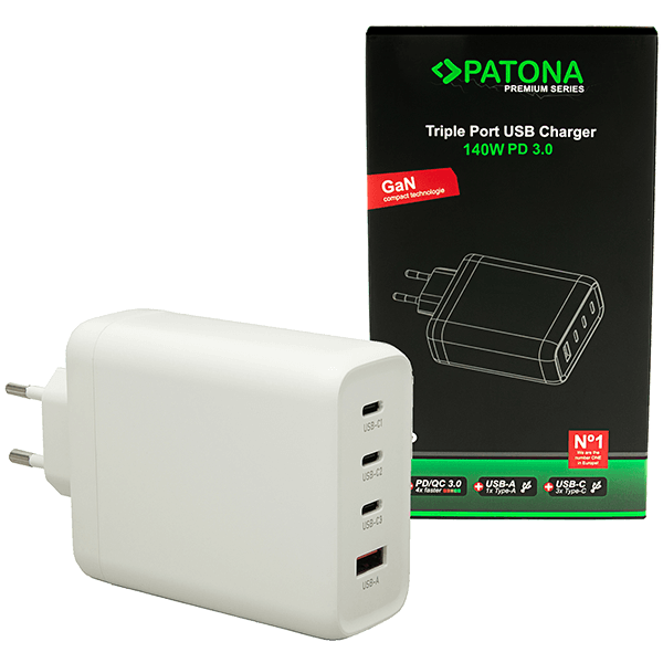 USB C Ladegerät GaN 140W mit 4 Port in Weiss von Patona