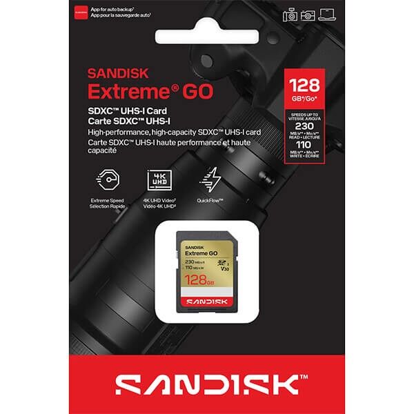 Packaging of the SanDisk Extreme Go SDXC 128GB memory card Packaging of the SanDisk Extreme Go SDXC 128GB memory card